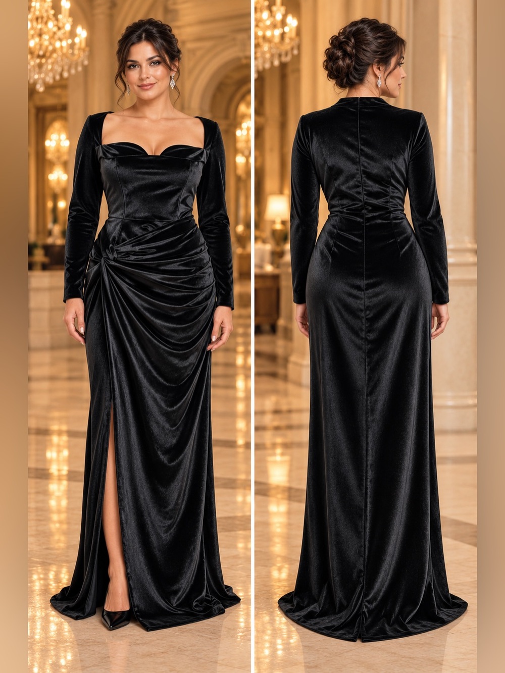Club L London Black Velvet Sweetheart Long Sleeve Draped Thigh Split Gown Sz 10